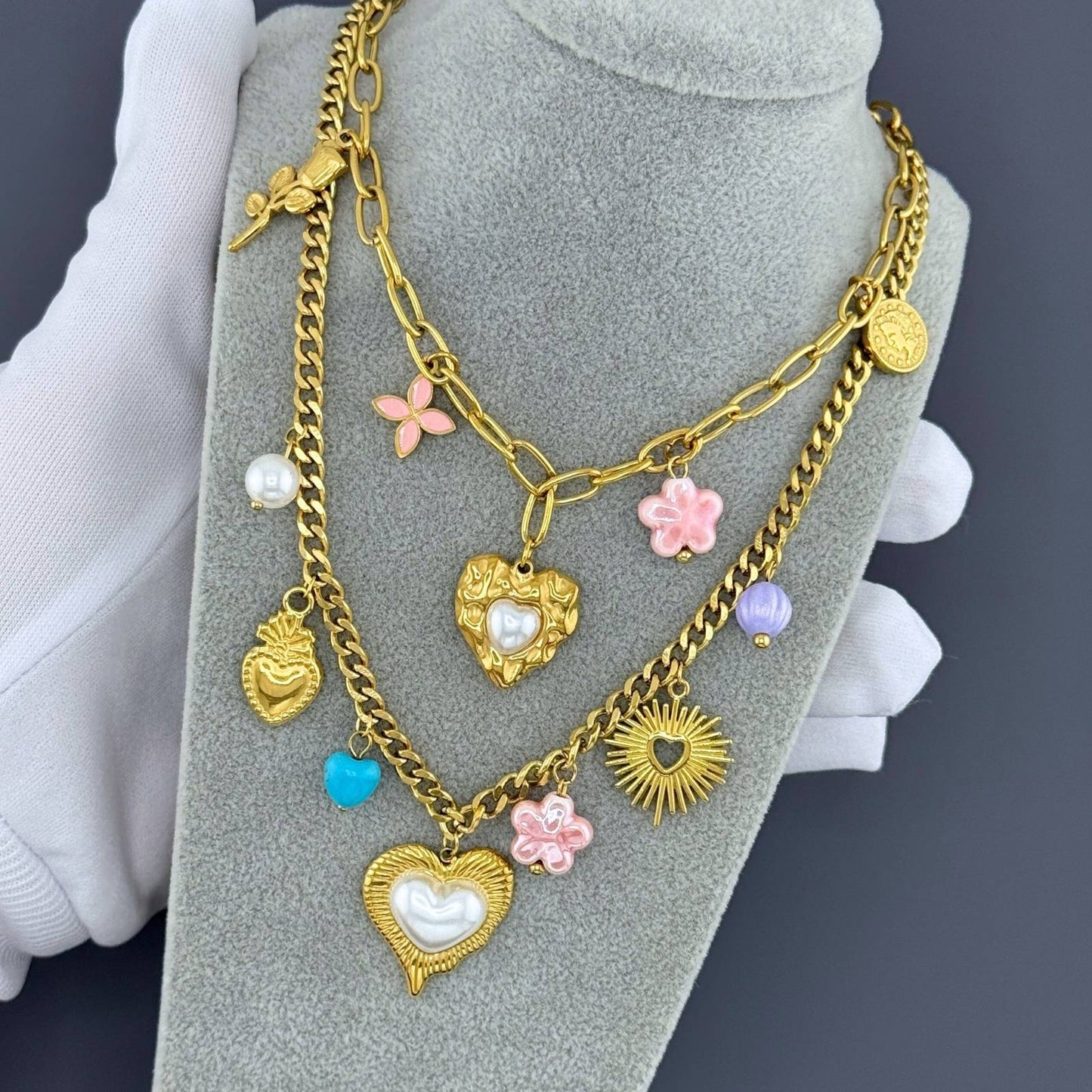 Hearts Necklace, 18K Gold Plated Steel