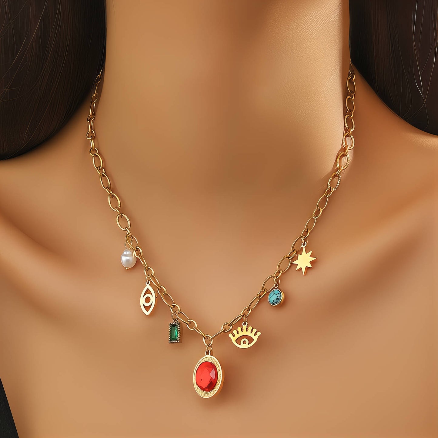 Evil Eyes Necklace, 18K Gold Plated Steel