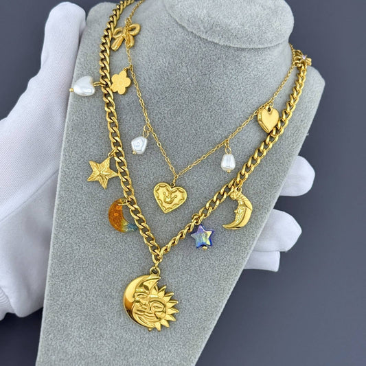 Crescent And Sun Necklace, 18K Gold Plated Steel