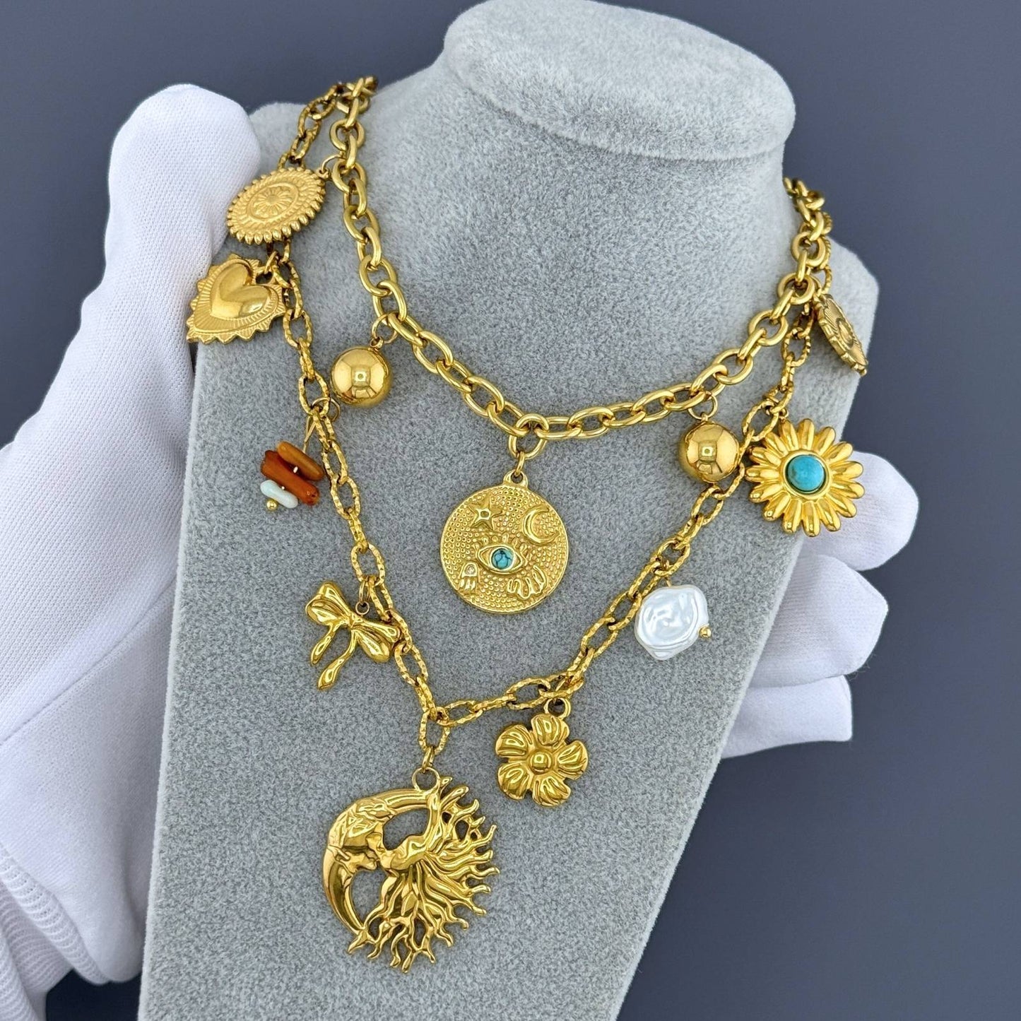 Sun And Moon Necklace, 18K Gold Plated Steel