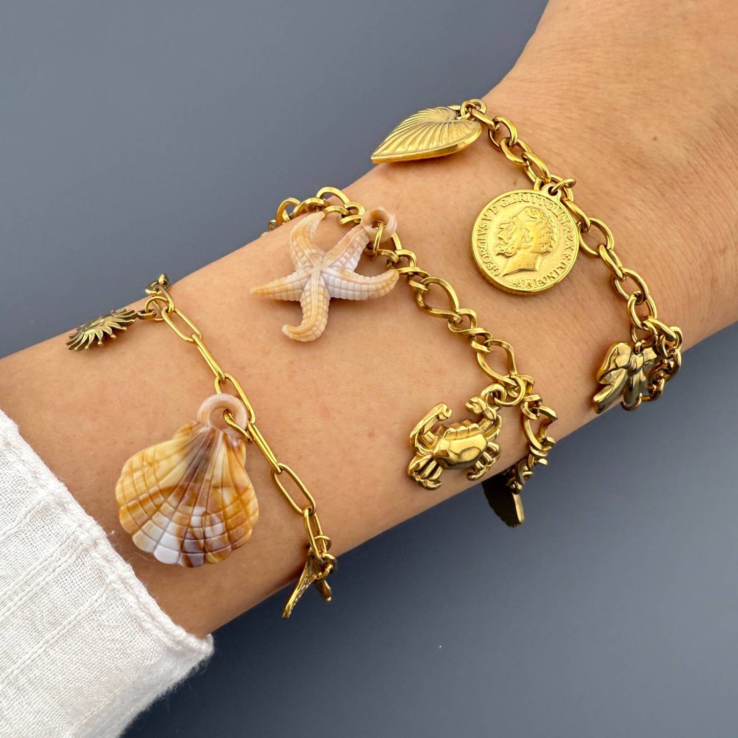 Starfish and Seashell Bracelet, 18K Gold Plated Steel