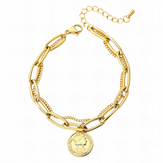 Coin Bracelet, 18K Gold Plated Steel