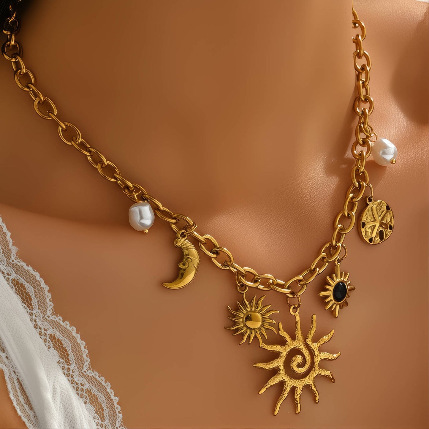 Crescent And Sun Necklace, 18K Gold Plated Steel