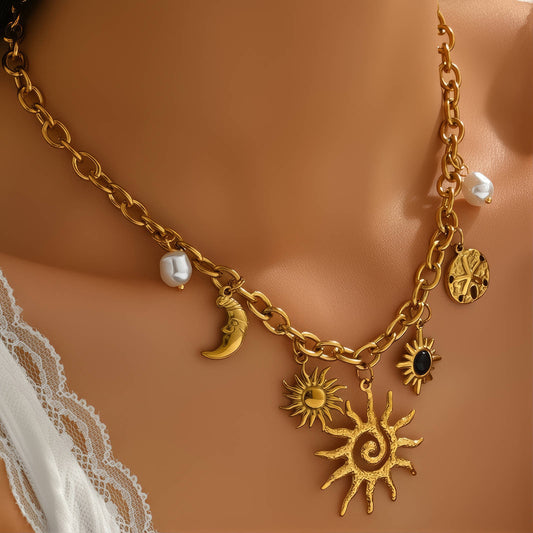 Crescent And Sun Necklace, 18K Gold Plated Steel