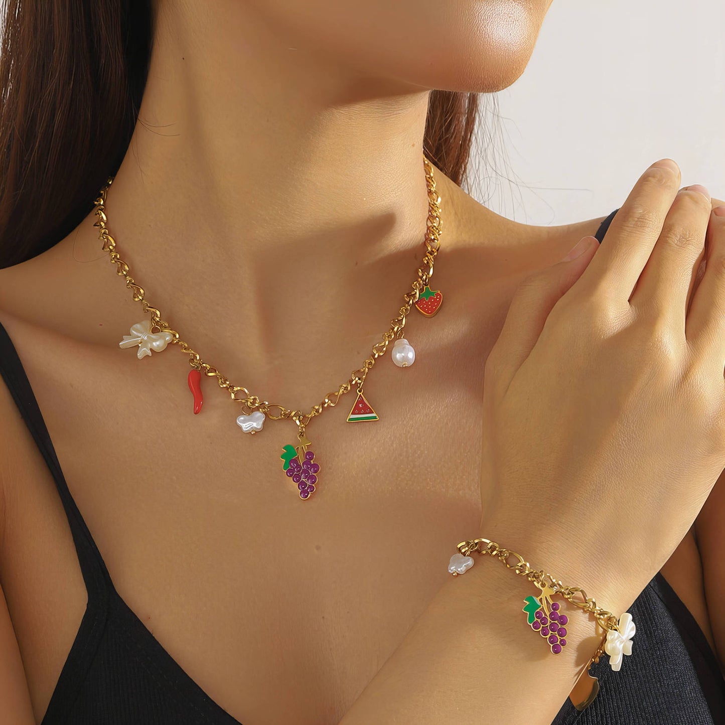 Grape Necklace, 18K Gold Plated Steel