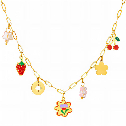 Flowers Necklace, 18K Gold Plated Steel