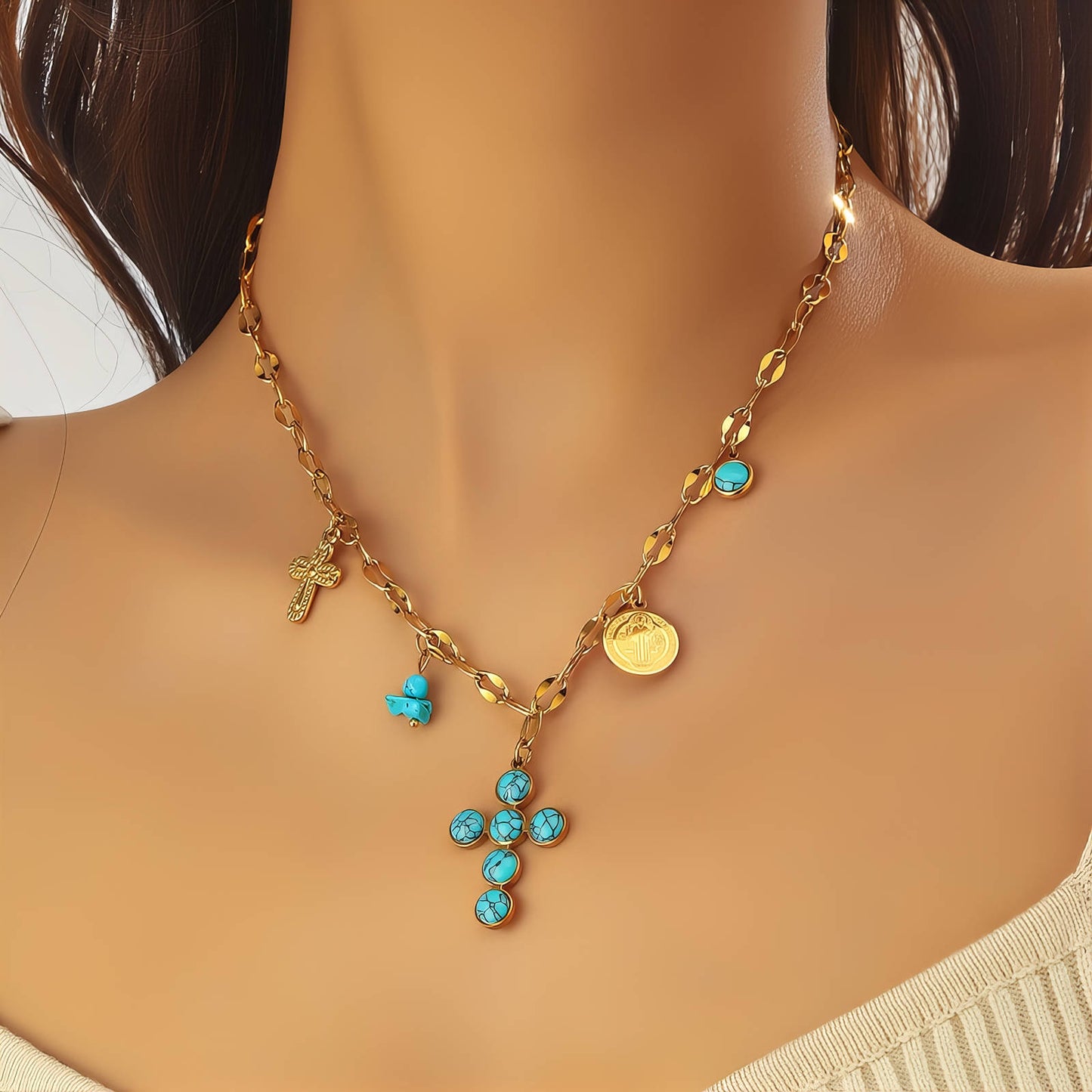 Crosses Necklace, 18K Gold Plated Steel