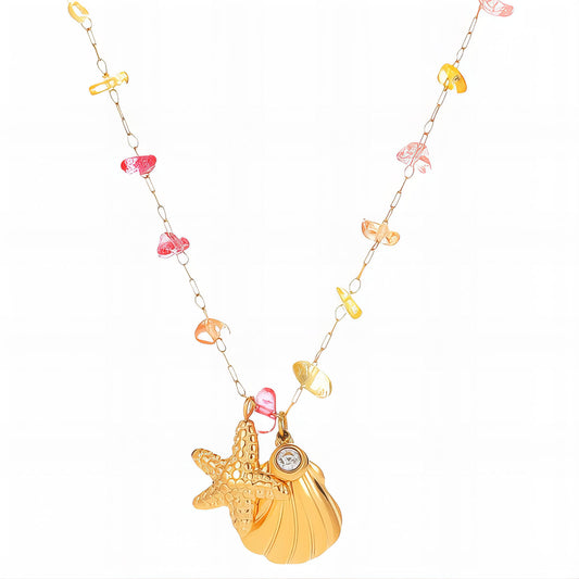 Starfish And Seashell Necklace, 18K Gold Plated Steel