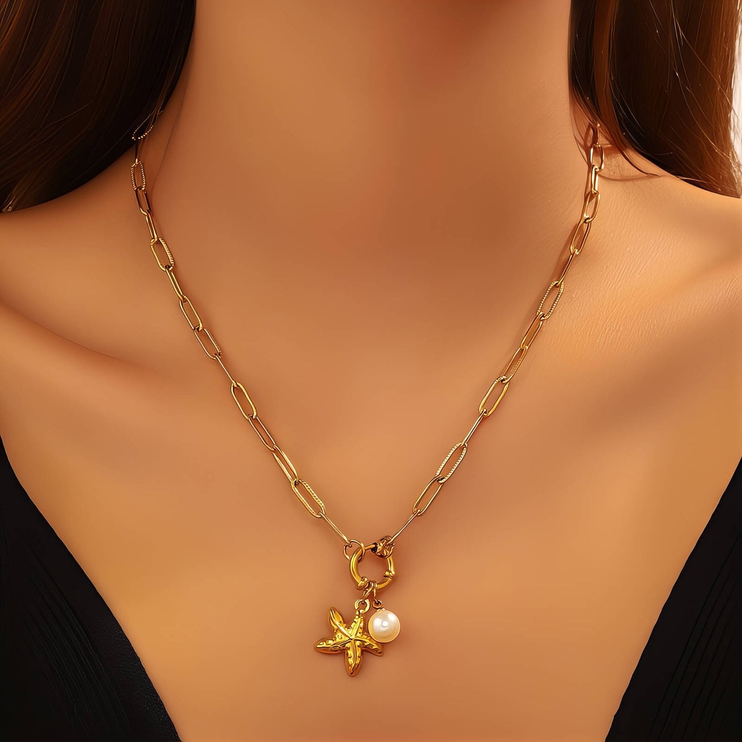 Starfish Necklace, 18K Gold Plated Steel