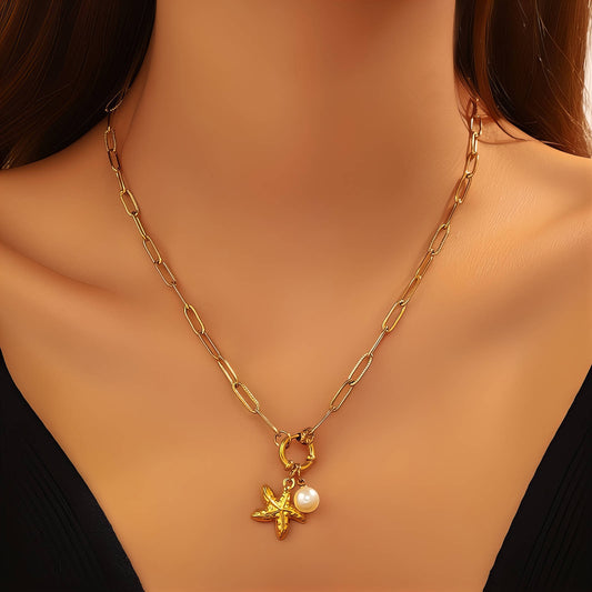 Starfish Necklace, 18K Gold Plated Steel