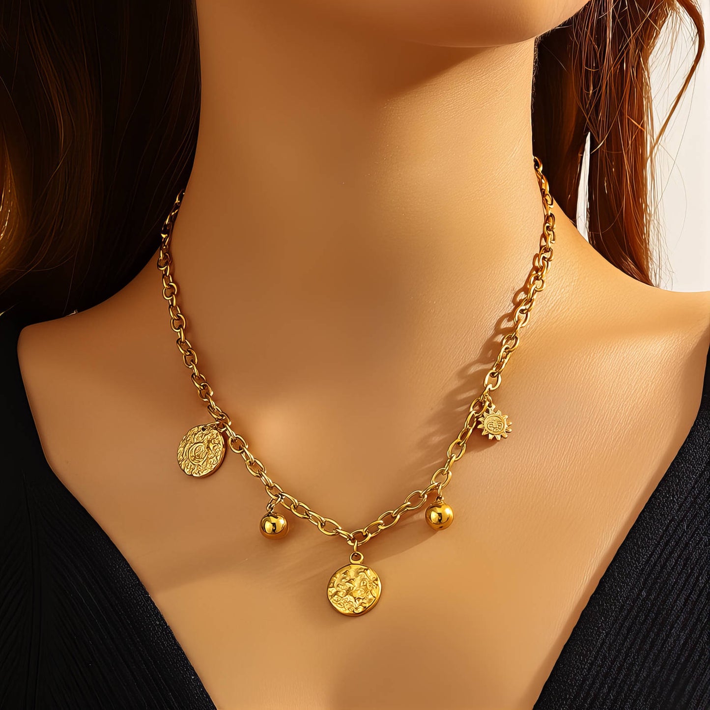 Crescent And Star Necklace, 18K Gold Plated Steel