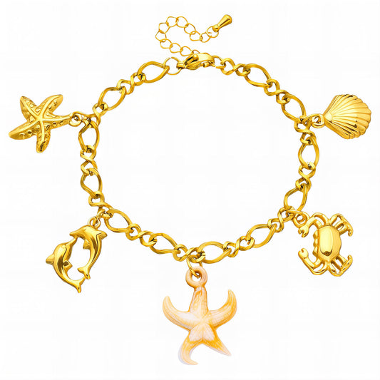 Starfish and Seashell Bracelet, 18K Gold Plated Steel