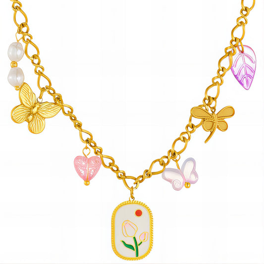 Flower Necklace, 18K Gold Plated Steel