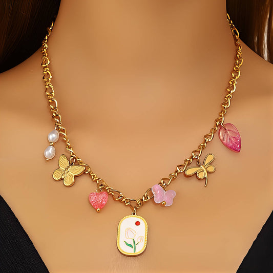 Flower Necklace, 18K Gold Plated Steel